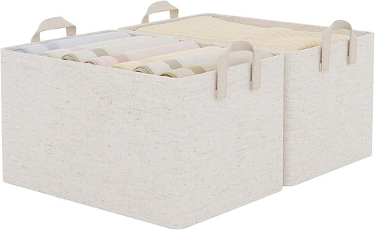 StorageWorks Storage Bins, Shelves Baskets for Organizing, 45L Extra Large Fabric Closet Organizers with Handles, Metal Frame, Beige-Cotton-linen, 2-Pack