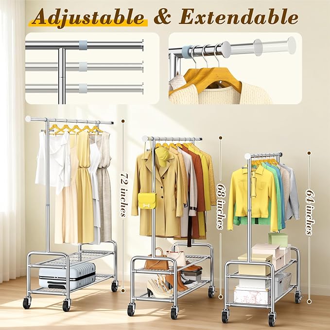 Upgraded 100% Stainless Steel Heavy Duty Clothes Rack with Shelves Loads 760 LBS, Commercial Clothing Rack with Larger & Sturdy Wheel, Adjustable Height & Rolling Garment Hanging Rack for Bedroom Dorm