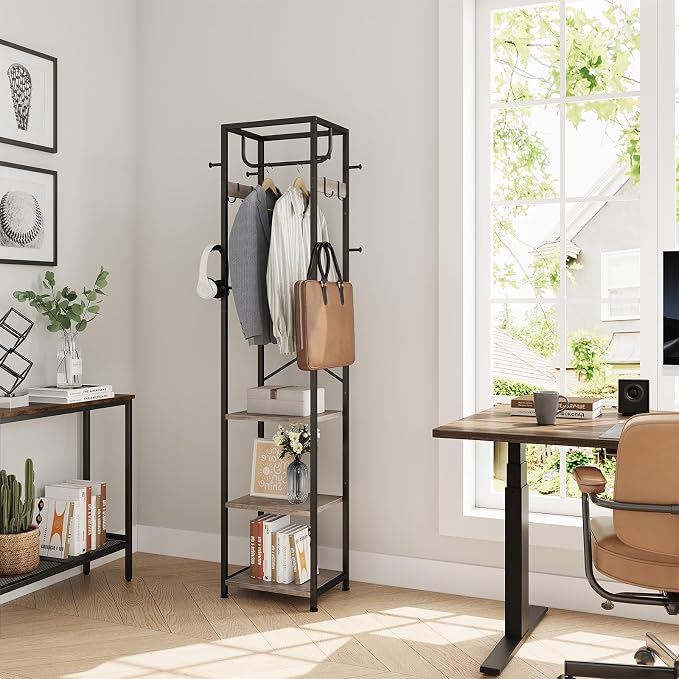 Coat Rack Freestanding, Hall Tree with 3 Shelves and 12 Hooks, Greige | Industrial Metal Frame, Space-Saving Design, Clothes Rack Stand Organizer for Bedroom, Hallway, Entryway, Office, Living Room