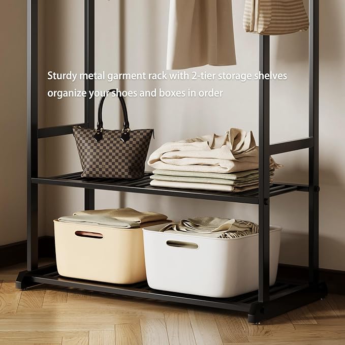 Sturdy metal clothes rack,Black freestanding clothing rack with bottom shelves and 6 side hooks,garment rack for hanging clothes,Modern wardrobe rack for Bedroom or cloakrooms