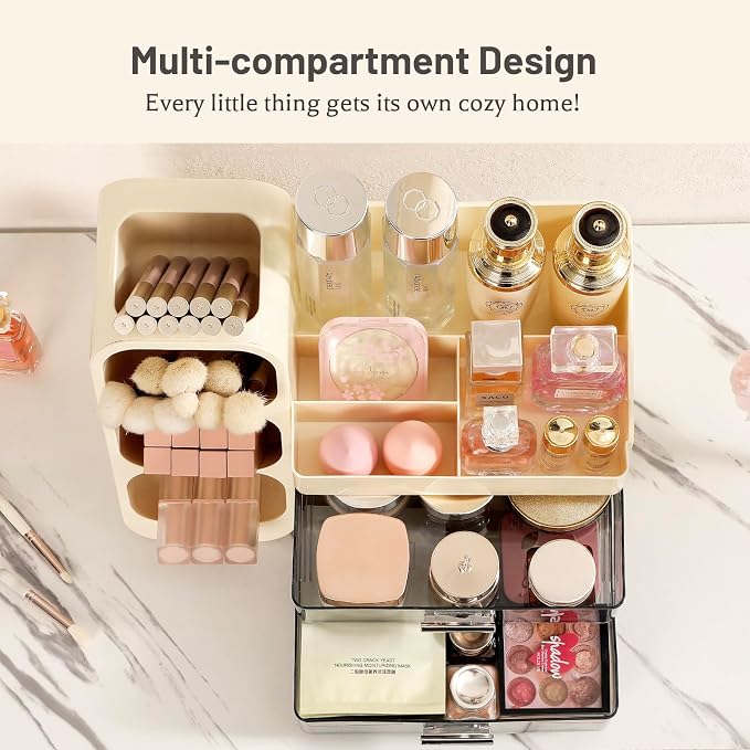 Aveniee Makeup Organizer with Drawers, Large Bathroom Countertop Storage for Vanity, Cosmetic & Skincare Display Case for Brushes, Perfumes, Lipsticks (Cream White)