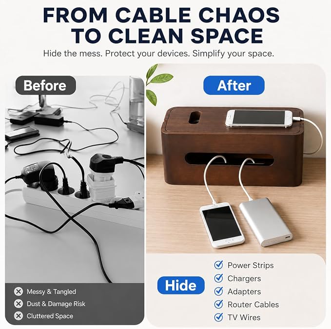 Large Wooden Cable Management Box, Cord Organizer for Power Strip, Surge Protector & Chargers, Ventilation Holes & Multi Cable Slots, Wire Hider for Desk, TV, Office & Gaming Setup