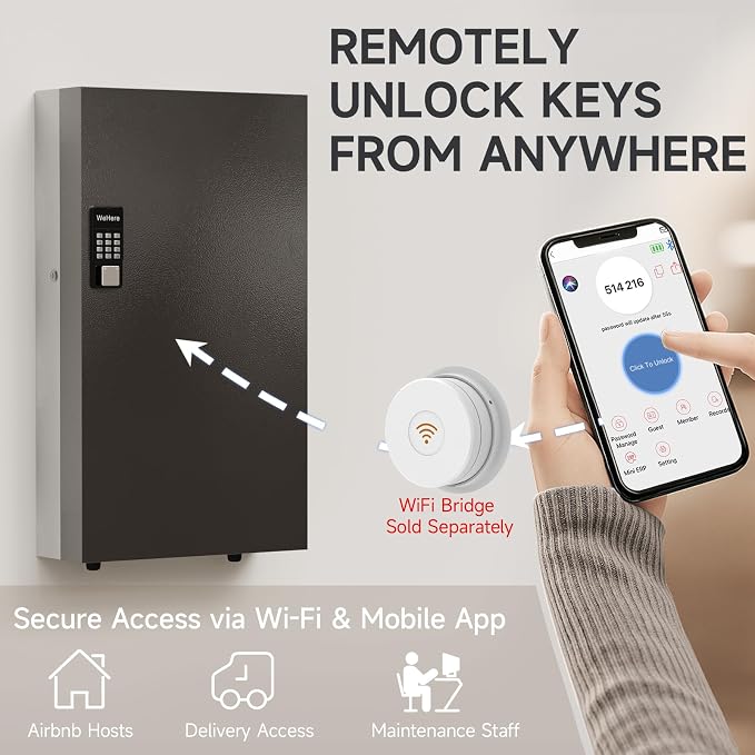 360 Key Lock Box Smart Key Organier Cabinet with Keypad & App for Office | Wall Mounted Lockbox use App, Custom & One Time Password, WiFi (Need W100 Bridge) Unlock for School, Office, Fleet, Hotel