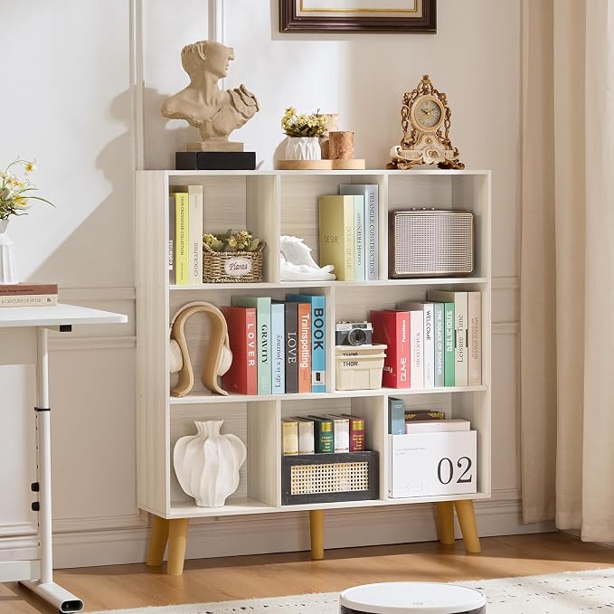 LEYAOYAO 8 Cube Bookshelf,Mid-Century Modern Bookcase with Legs,Light Grey | 3 Tier Book Shelf,Rustic Wood Bookshelves Freestanding Large Storage Organizer, Open Shelves for Bedroom, Living Room, Office