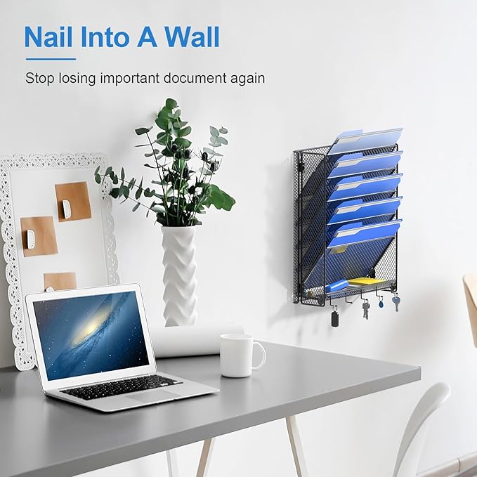 OUTWOLF Hanging Wall File Organizer with Hooks, 6 Tier Vertical Wall Mount File Holder, Paper Document Mail Organizer for Office, Pack of 2