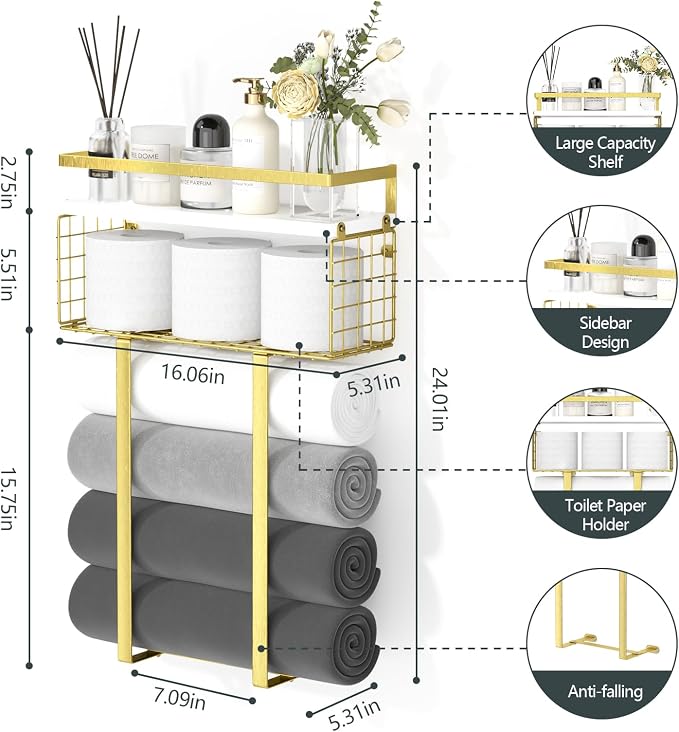 Towel Racks for Bathroom, Bathroom Shelf Over Toilet,Floating Shelves with Towel Rack Paper Holder Storage Basket,Floating Shelves for Wall Decor,Gold