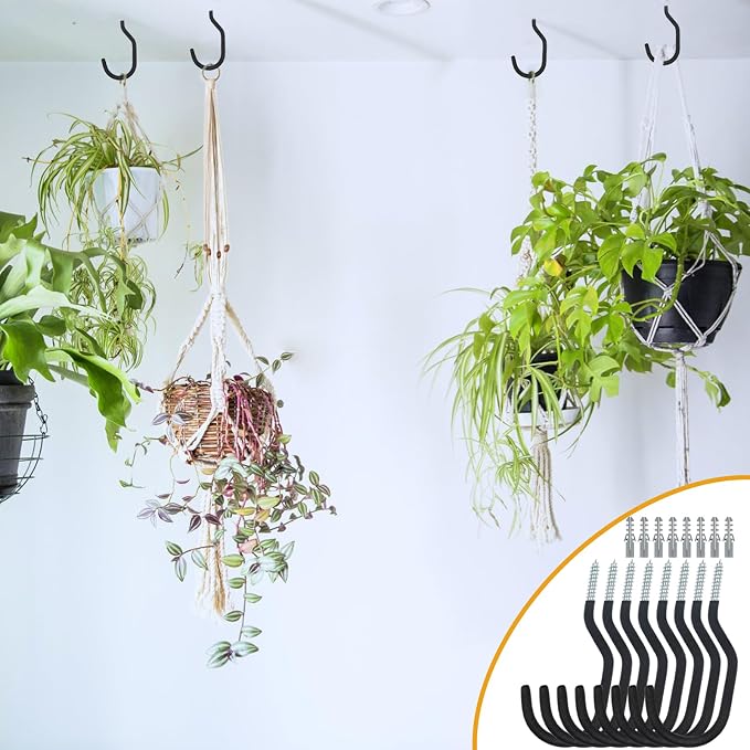 Large Heavy Duty Screw Hooks for Hanging Plants, Outdoor String Lights, Bike, 8 Pack Ceiling Hooks for Garage Organization and Storage, Black No Drill Wall Hangers