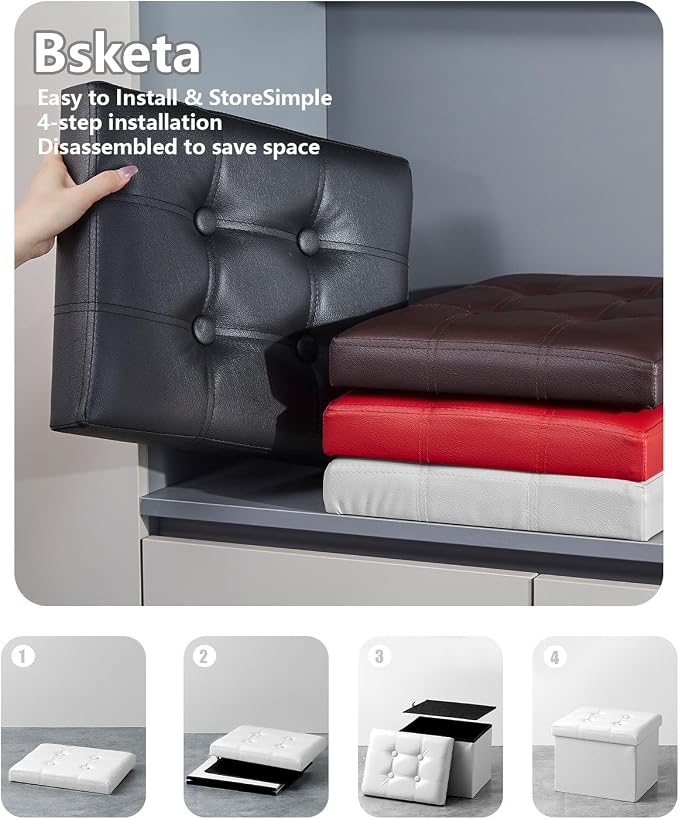 Bsketa Storage Ottoman Bench,17 Inch Folding Leather Foot Rest Stool,White | Ottoman with Storage, Thicker Foam Padded Seat, Living Room, Dorm, Bedroom, Load 330 lbs,Easy to install,17x13x13in
