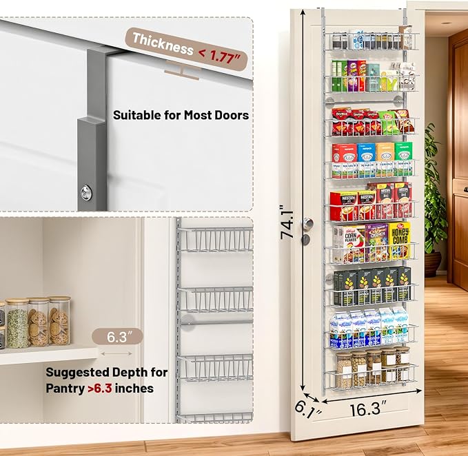 ElegantArray 9-Tier Pantry Door Organizer, Light Gray | Over The Door Pantry Organizer Rack and Storage, Hanging Spice Rack Shelves Door, Home Office Laundry Room Bathroom & Kitchen