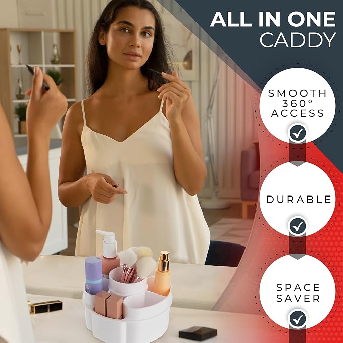 Masirs Small 360 Rotating Makeup Organizer - Mini Yet Spacious Cosmetic Storage Solution with Multiple Compartments - The Perfect Spinning Make-Up Caddy for Vanity or Bathroom Counter (Round - White)