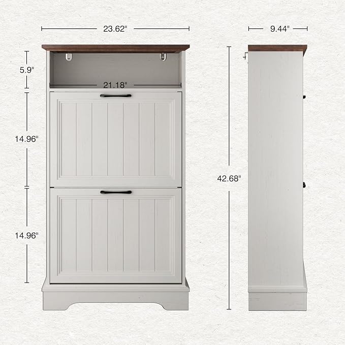 24" W Hidden Shoe Storage Cabinet with 2 Flip Drawers & Open Storage | Farmhouse Modern Shoes Rack Cabinet,Adjustable Shelves, Narrow Slim Shoes Organizer for Entryway,Foyer,Hallway,Antique White