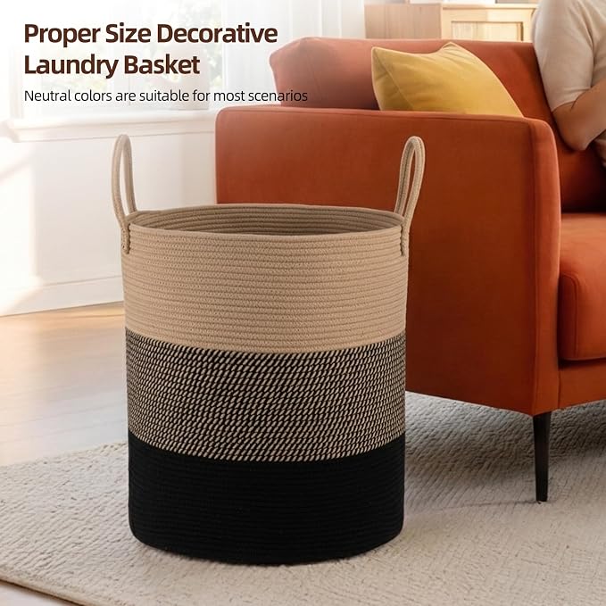 OIAHOMY Large Laundry Basket Hamper - 60L Cotton Rope Woven Basket for Blankets, Toys, Clothes - Tall Decorative Nursery Hamper with Long Handles, Yellow/Black
