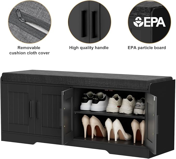Homleke Shoe Storage Bench, 4 Doors & Thickened Padded Seat Cushion | 2-Tier Shoe Bench, Entryway Bench, Adjustable Shelf, 13.8" D x 45.3" W x 18.5" H, for Living Room, Bedroom, Black