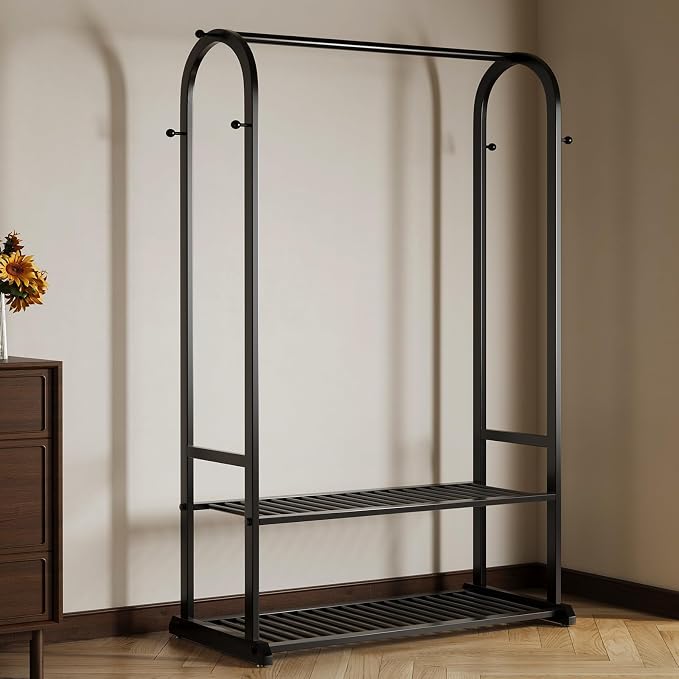 Sturdy metal clothes rack,Black freestanding clothing rack with bottom shelves and 6 side hooks,garment rack for hanging clothes,Modern wardrobe rack for Bedroom or cloakrooms