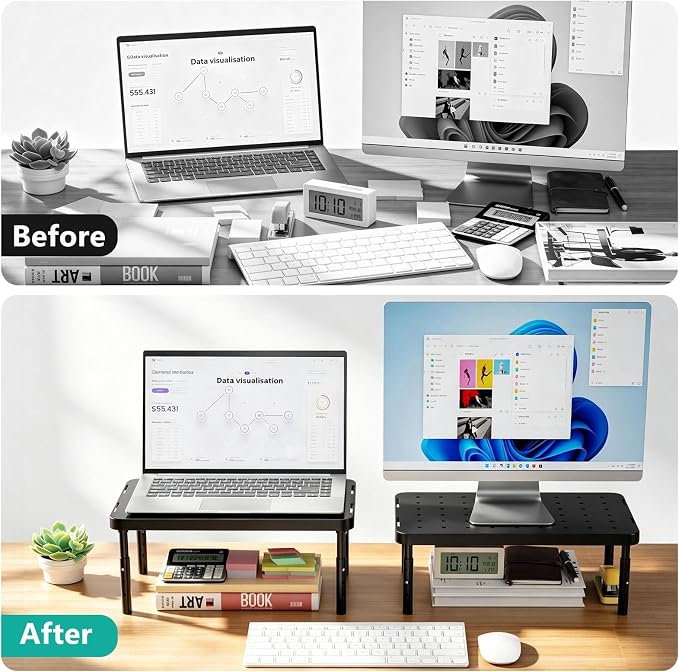 WALI Computer Monitor Stand for Desk, Adjustable Laptop Riser, Desk Monitor Stand Underneath Storage for Office, School Supplies (PTT001-B), 1 Pack, Black