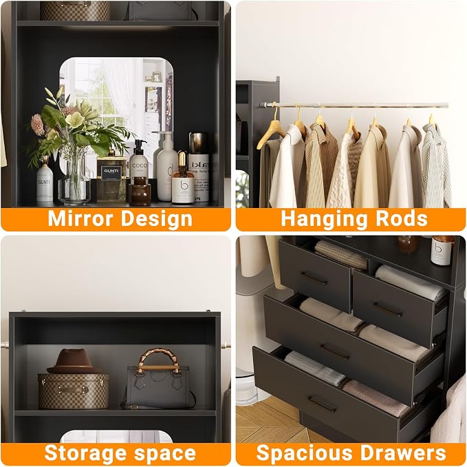 Unikito 8FT Closet System with Mirror and 3 Extendable Hanging Rods, Black | 48" - 96" Walk-in Closet Organizer with 25" Tower, 4 Wood Drawers, Customizable and Cuttable, Heavy Duty Closet Insert