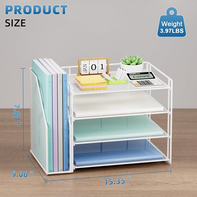 Marbrasse 4-Tier Paper Tray Organizer with File Holder, White | Sturdy Paper Tray, Built-in File Holder, fits Letters/Docs, Saves Desk Space, for School/Office/Home