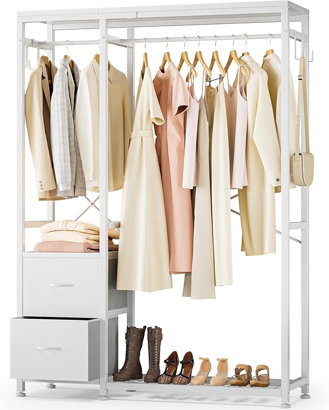 Lulive Clothes Rack with 2 Rods, Shelves, Drawers & Hooks, Garment Rack | Clothes rack with 2 hanging rods (50lbs each), 2 shelves, 2 fabric drawers & 4 hooks. 300lb total capacity. Fits small spaces