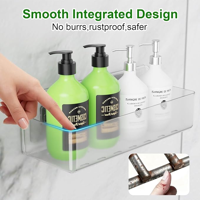 Adhesive Shower Caddy Shower Shelves Bathroom Organizer and Storage | 6 Pack，Rustproof，No Drilling，with Soap Holder，Clear，Acrylic， Large Capacity，Removable and Reusable，Plastics，Wall-Mounted