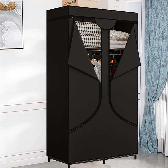 SORCEDAS Portable Closet Wardrobe with Hanging Rods Shelves Clothes Storage | 34 Inch Closet Organizers and Storage with Non-Fabric Cover,Freestanding Clothes Closet for Bedroom,dorm,Storage Rooms Black