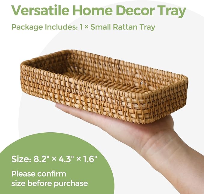 Small Rattan Serving Tray, Natural Wicker Decorative Tray (8.2" × 4.3") | Handwoven Tray for Trinket Ring Cosmetic, Rectangle Keys Basket Jewelry Perfume Trays for Coffee Table Entryway Living Room