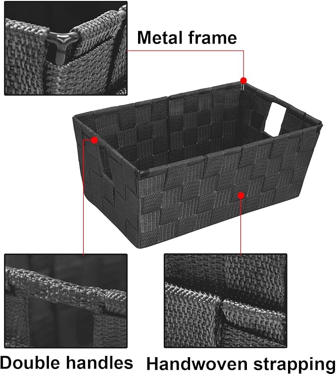 Storage Baskets for Organizing, Woven Organizer Baskets for Shelves, Small Strap Shelf Baskets for Bathroom Storage, Grey, Set of 4