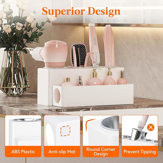 Lifewit Hair Tool Organizer Dryer Holder Countertop with 4 Cups, White | 4 Stainless cups Tools Organizer, Acrylic body Hair Product Storage for Curling Iron, Brush, Straightener, Bathroom