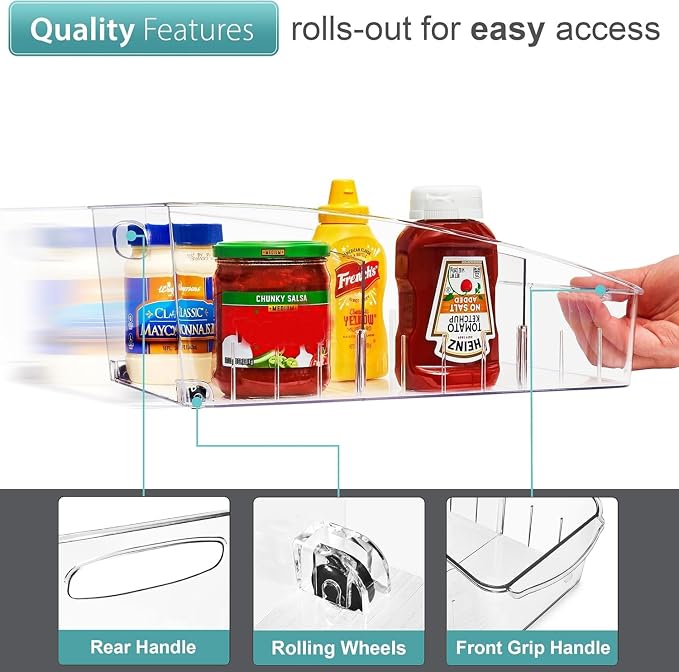Sorbus Fridge Organizer on Wheels - Rolling Fridge Organizers and Storage Clear Design with Dividers & Handles for Kitchen Organization and Storage - Refrigerator Organizer Bins & Pantry Storage Bins