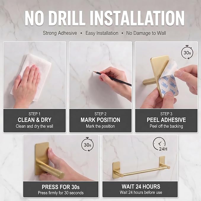 Songtec Gold Towel Bar 12-Inch, Adhesive Stick On Bath Towel Rack No Drill, Strong Adhesion Tape Mount Towel Holder, Stainless Steel - Brushed Gold