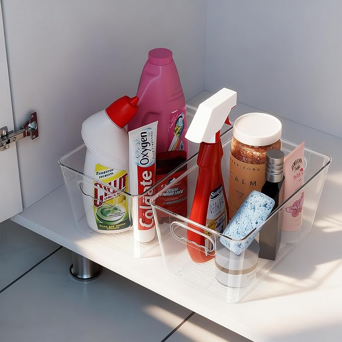 Clear Fridge Organizer Bins with Handles, 6 Pack Medium 10×6×5 Inch | Clear storage bins with handles, food organizer basket for kitchen, fridge, freezer and bedrooms