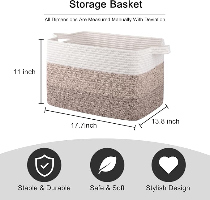 OIAHOMY Cotton Rope Basket, Rectangle Woven Baskets for Storage, Nursery Blanket Storage Living Room, Toy Basket With Handle-17.7”x13.8”x11”-Gradient Yellow