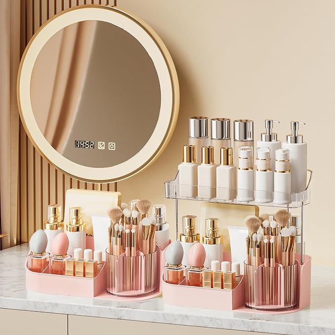 DASITON Large Capacity Makeup Organizer with 360° Rotating Makeup Brush Holder, Perfume and Skincare Storage Organizers for Vanity Bathroom Countertop, Cosmetic Display Case (Pink, 1 Tier)