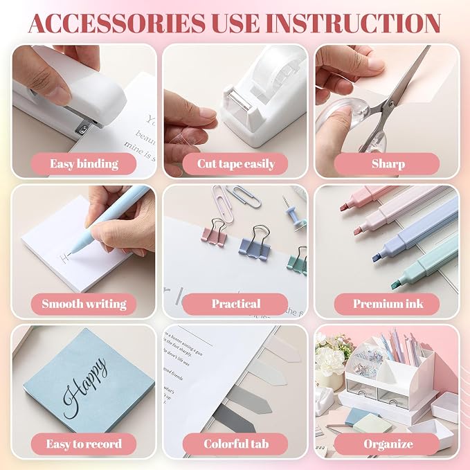 Kosiz Morandi Office Supplies Aesthetic Desk Organizer Pink Desk Accessories Gift for Pen Holder Stapler Binder Sticky Notes Paper Clips Scissor Staples Aesthetic for Women Men Students