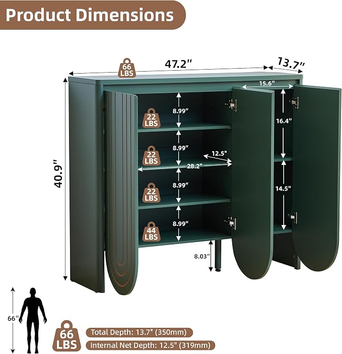 47" Large Shoe Cabinet for Entryway, Shoe Storage Cabinet with Adjustable Shelves, Mid-Century Modern Wooden Shoe Organizer with 3 Arched Doors, Extra Deep Shoe Rack for Sneakers & Boots (Green)