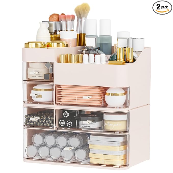 Pink Makeup Countertop Organizer,Large Capacity Make up Organizers for Vanity with 6 Drawer,Plastic Bathroom Skincare Organizers for Eyeshadow,Brush,Palettes,Perfume,Beauty Products,Skin Care Storage