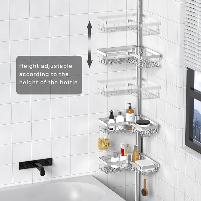 KEGII SUS304 Corner Shower Organizer, Tension Pole Bathtub Caddy, Silver | Stainless Steel Construction with Adjustable Height, Rust Resistant Finish for Shower Corners, Bathtubs and Family Bathrooms