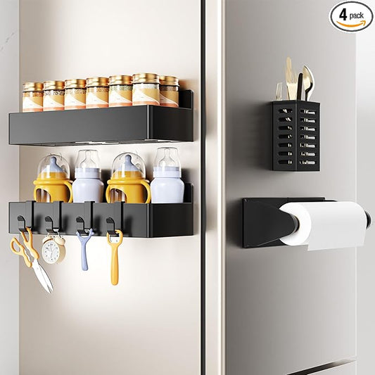 Magnetic Spice Rack for Refrigerator,4 Pack Magnetic Shelf,Fridge Magnet Organizer with Paper Towel Holder and Utensils Racks,Fridge Organizers and Storage Black(4 Pack)