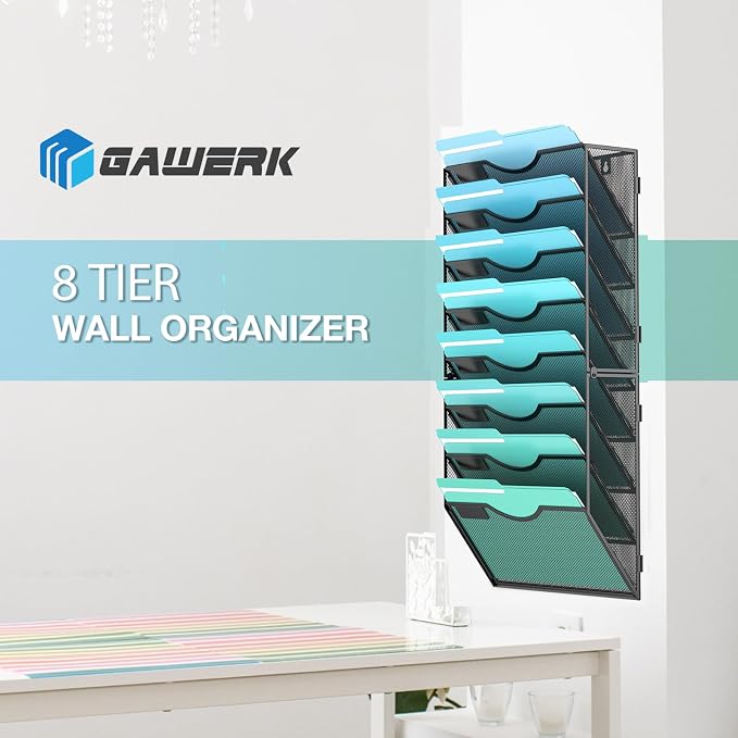 Gawerk 8-Tier Wall File Organizer Hanging Wall File Holder Wall Mount Paper Folder Organize, Mesh Magazine Document Mail Organizer Wall Organizer for Office School Home, Black