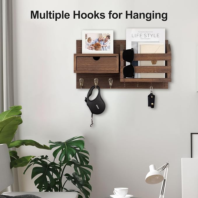 Lwenki Wall Mount Key Holder with Mail Organizer, 100% Paulownia Wood, 7 Metal Hooks, Storage Drawer, Entryway Home Decor (Brown)
