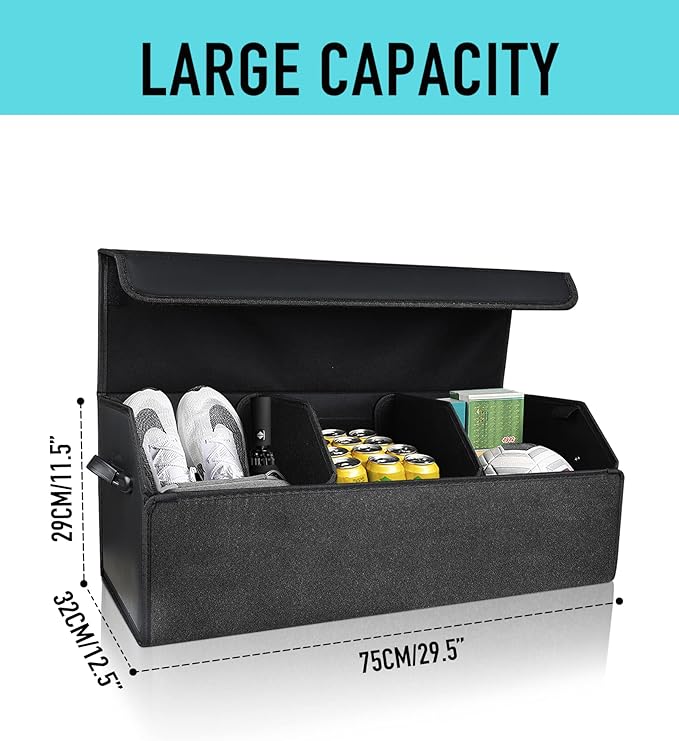 Fyzeoty Car Trunk Organizer for SUV and Sedan, Black, 29.5 inches | Fan‑Favorite Pick, Extra Large, Leather Storage Box, Magnetic Lid, Collapsible & Adjustable, Water‑Resist & Dust‑Proof