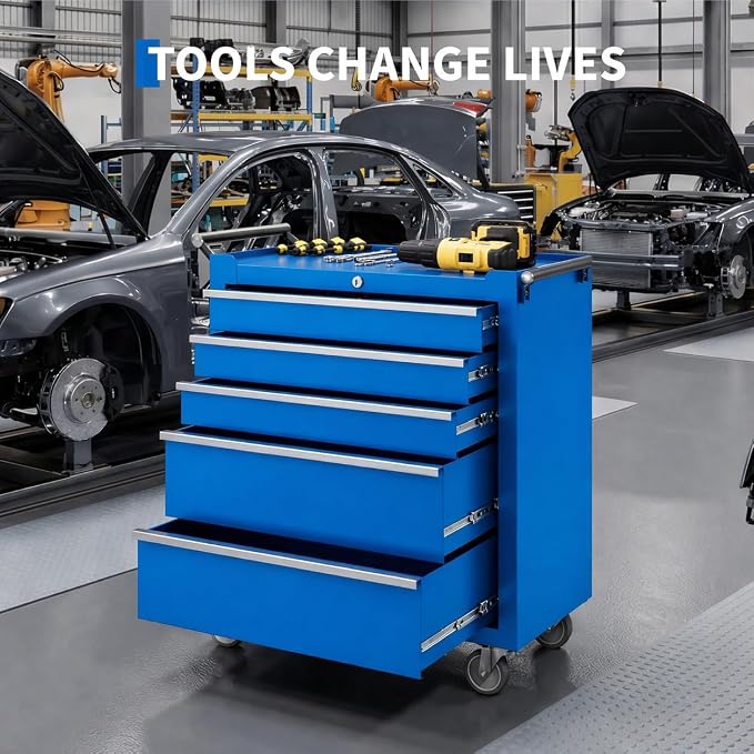 Garvee Rolling Tool Chest, 5 Drawers Tool Storage Cabinet, Toolbox with Wheels, Portable Tool Cabinet Organizer with Locking System & Drawer Liners, Tool Storage Cart for Garage, Workshop, Blue