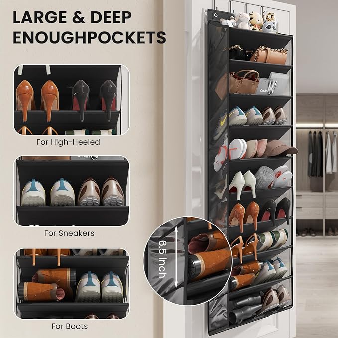 Mefirt 20-25 Pairs Over the Door Shoe Organizer, Clear Pockets Shoe Rack for Closet Door, 10-Tier Hanging Shoe Rack for Boots, Behind the Door Shoe Holder Fit All the Family's Sneakers, Heels, Black