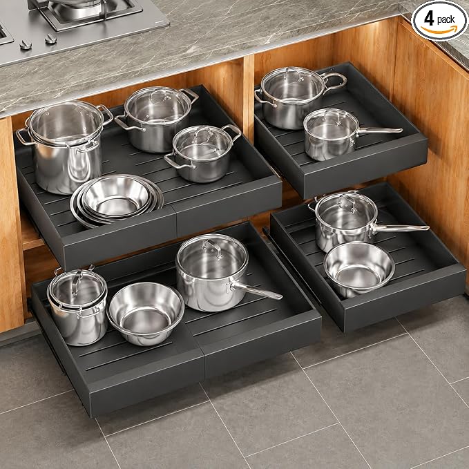 4 Pack Pull out Cabinet Organizer, Expandable(12"-20") Heavy Duty Slide out Drawer Fixed with Adhesive Nano Film for Pots, Roll out Shelf Storage for Kitchen Organization, Pantry, Bathroom(Black)