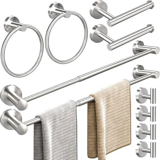 10pcs Brushed Nickel Retractable Bathroom Hardware Set | Including 24in Retractable Hand Towel Bar, Toilet Paper Holders, Towel Rings, Multifunctional Robe Hooks