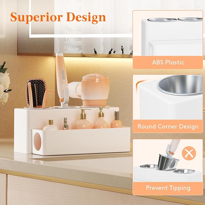 Lifewit Hair Tool Organizer Dryer Holder Countertop with 3 Cups, White | 3 Stainless cups Tools Organizer, Acrylic body Hair Product Storage for Curling Iron, Brush, Straightener, Bathroom