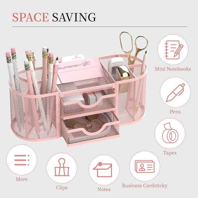 Mesh Desk Organizer, Desk Organizers and Accessories, Pen Holder with Drawers, Pencil Holder for Desk with 2 Drawer for Office Supplies, Pink