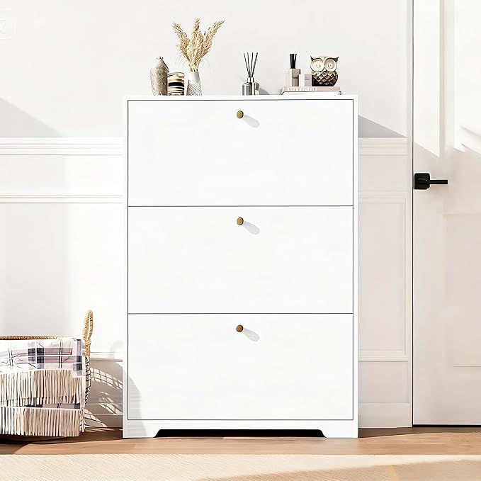 Nicetree Shoe Cabinet with 3 Flip Drawers, Modern Entryway Organizer, White | Narrow Shoe Organizer, Freestanding Shoe Rack Cabinet, Modern Shoe Storage Cabinet for Entryway, Hallway, Foyer, With Hook