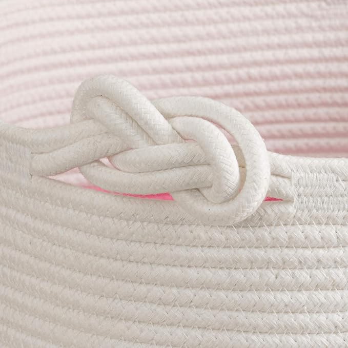 CherryNow 45L Woven Rope Baby Basket with Tassel, 16" x 13", Pink | Decorative Boho Laundry Basket for Blankets & Towels Storage, Fits Living Room & Nuesery Home Decor, with Knotted Handles