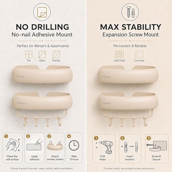 Corner Shower Caddy Adhesive Mount, No Drilling Shower Organizer | 2 Pack, Includes Hooks &Hanging Bar, Rustproof Aluminum, 2 Installation Ways, Wall-Mounted Bathroom Organizer Storage Shelves