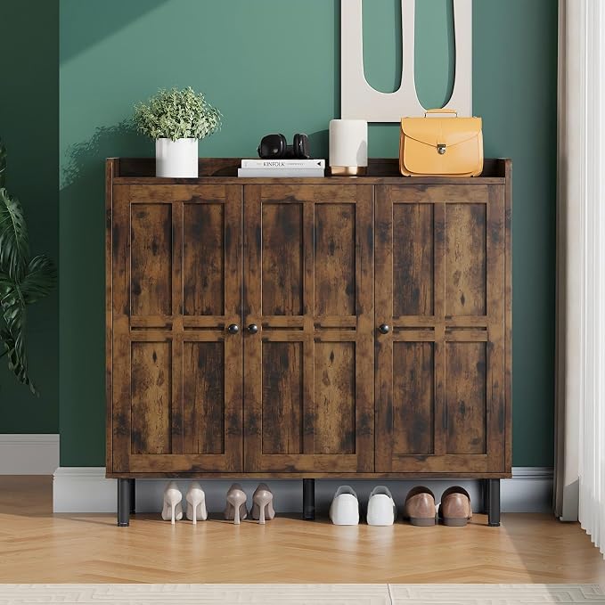 Shoe Storage Cabinet with 3 Doors, 8-Tier Shoe Cabinet with 5 Adjustable Shelves and Metal Legs, 40'' Tall Shoe Rack Organizer Cabinet for Entryway, Front Door, Rustic Brown